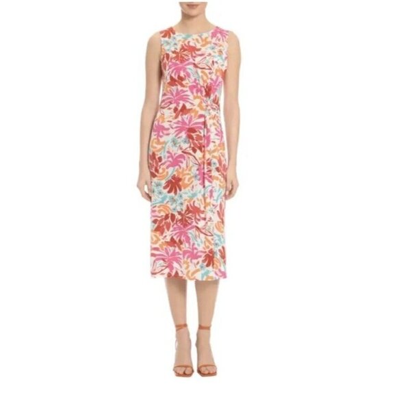 Maggy London Womens Size 2 Pink Floral SLEEVELESS TWIST FRONT MIDI DRESS New - Picture 1 of 12